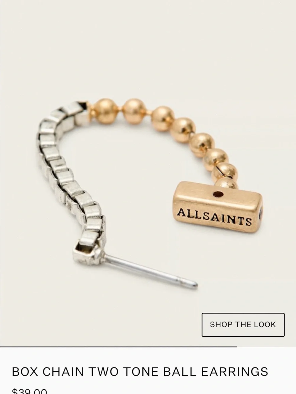 AllSaints Box Chain Two Tone Ball Earrings Warm Brass Mix New With Tags - Picture 9 of 11